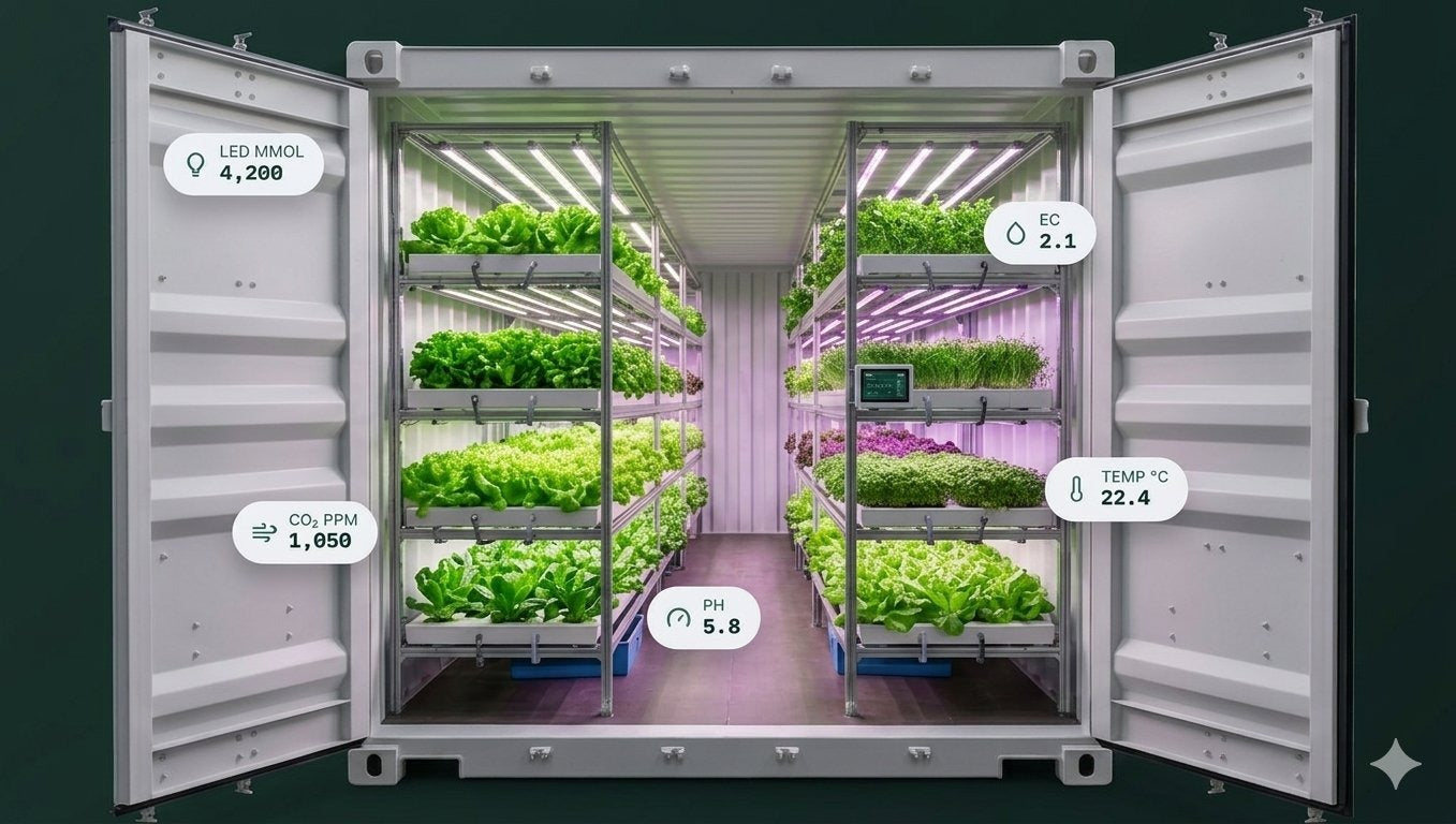 Inside the vertical farm, racks of lettuce under LED grow lights
